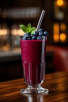 Fresh blueberry smoothie with mint garnish and metal straw in tall glass on wooden table with warm bokeh background for healthy lifestyle content.