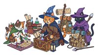 Cartoon witch and wizard characters with magical supplies, potion bottles, spell books, and enchanted items on white background, suitable for children's illustrations, educational materials, and fantasy-themed designs.