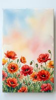 Watercolor painting of red poppies with green stems against soft pastel sky background, floral botanical art for home decor and spring designs.