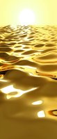 Liquid gold metallic surface with rippling waves and bright sun reflection creates luxurious abstract background for wealth and prosperity concepts.
