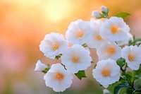 Delicate white flowers with peach centers bloom against soft orange bokeh background, creating dreamy spring garden atmosphere with fresh green leaves.