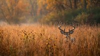 Majestic whitetail deer buck with antlers standing in golden autumn grassland during sunset with colorful fall foliage trees in background.