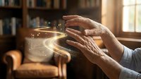 Hands creating magical golden light energy with sparkling particles in cozy home interior. Concept for healing, spirituality, meditation and supernatural powers.