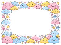 Cute kawaii clouds and stars frame border with smiling faces in pastel colors, isolated on white background for baby shower invitations and nursery decor.