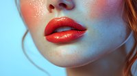 Close-up of woman's glossy red lips with holographic makeup and colorful lighting effects creating futuristic beauty look for cosmetics and fashion.