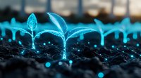 Glowing blue seedlings emerging from dark soil with magical light effects and sparkles, representing growth, innovation, and future technology in agriculture.