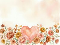 Watercolor floral background with a pink heart surrounded by peach, coral, and golden roses, peonies, and wildflowers on soft beige.