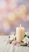 Peaceful spa scene with burning candle, white flowers, rose quartz crystals and smooth stones on linen surface against soft bokeh background for wellness.