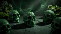Weathered skulls covered in moss and lichen arranged on dark stone surface, creating eerie, mystical atmosphere for horror, gothic, and dark fantasy design projects.