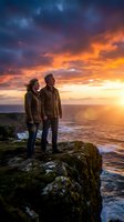 Couple standing on rocky cliff overlooking ocean at sunset with dramatic golden and purple sky, wearing casual jackets, gazing at horizon during golden hour. Use for travel, lifestyle, relationships.