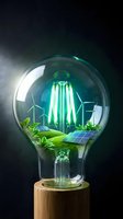 Green energy concept inside a glowing light bulb with wind turbines, solar panels, and lush plants on a wooden base.