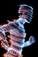Glowing silhouette of runner wrapped in blue light trails and sparkling orange particles against black background, creating dynamic motion effect.
