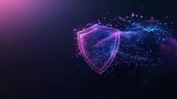 Glowing shield protection symbol with digital particles and network connections in purple and blue neon colors against dark background. Security concept.
