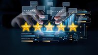 Customer giving five star rating with digital interface elements showing satisfaction metrics and quality scores for business feedback system.