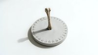 Sundial with wooden gnomon casting shadow on white circular dial with hour markings, isolated on white background for design and educational use.