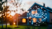 Smart home technology concept with glowing blue circular interface and house icon against sunset residential background, modern digital automation.