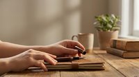 Hands of a young woman holding a pen over a leather journal on a rustic wooden desk with books and a plant in soft light.