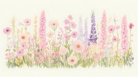 Delicate watercolor wildflower meadow with pink poppies, purple lupines and soft yellow blooms against cream background creates romantic garden scene.