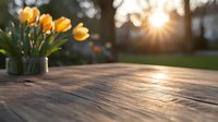 Yellow tulips in vase on rustic wooden table outdoors at sunset, with golden sunburst through trees creating warm atmospheric spring garden scene.