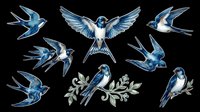 Blue swallows and parakeets isolated on transparent background, ready for t-shirt design, clipart, stickers, sublimation and print-on-demand projects.