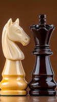 White knight and black king chess pieces facing each other on brown background representing strategy, competition and tactical gameplay.