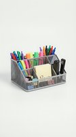 Silver mesh desktop organizer filled with colorful pens, markers, sticky notes, and clips, keeping workspace tidy and productive.