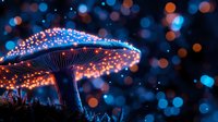 Glowing magical mushroom with luminescent spots against dark background with blue and orange bokeh lights, creating mystical forest atmosphere.