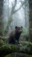 Tasmanian devil sitting on moss-covered rock in misty rainforest with ancient trees and ferns creating atmospheric wilderness scene for wildlife conservation.