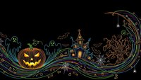 Halloween pumpkin and haunted house with colorful decorative swirls on black background for spooky seasonal designs and festive celebrations.