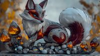 Mystical fox creature with ornate silver patterns resting among glowing orange mushrooms and pearls in ethereal forest setting, fantasy art style composition.