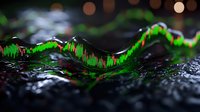 Green snake with vibrant scales slithering across wet dark rocks in natural forest habitat with bokeh lighting effects creating atmospheric mood.