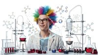Young male scientist with colorful rainbow hair and glasses conducting chemistry experiments in laboratory with beakers, flasks and molecular formulas.