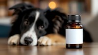 Border collie dog lying on wooden floor with amber glass medicine bottle featuring blank white label for veterinary pharmaceutical products.