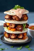 Stacked spicy chicken bites on mini pitas with creamy sauce, fresh carrots and herbs, layered in modern street food style on dark plate against blue background.