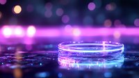 Glowing neon ring with purple and blue light effects on dark background with bokeh circles, creating futuristic and magical atmosphere for technology designs.