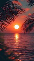 Dramatic orange sunset over calm ocean waters with silhouetted palm fronds framing glowing sun and its reflection. Tropical paradise atmosphere for travel content.