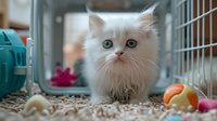 White Persian kitten with bright green eyes looking directly at camera while playing with colorful toys on carpet, showing innocent curiosity in domestic setting.