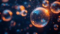 Glowing transparent bubbles with orange and blue bokeh effects floating in dark space create magical atmospheric background for fantasy designs.