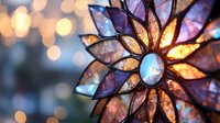 Stained glass flower window with colorful petals and warm light creating magical bokeh background for home decor and spiritual meditation spaces.
