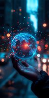 Glowing digital earth hologram floating above hand in dark urban environment with colorful bokeh lights and futuristic atmosphere.