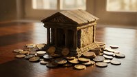 Miniature bank building model surrounded by golden coins on wooden surface representing savings, investment and financial security concepts.