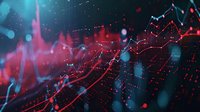Abstract financial chart with glowing red and blue lines showing market data analysis against dark background with bokeh light effects and grid pattern.