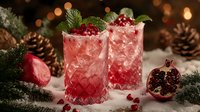 Festive winter cocktails with pomegranate, fresh mint garnish and crushed ice in crystal glasses. Pine cones and holiday bokeh lights create cozy atmosphere.