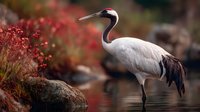 Elegant red-crowned crane standing in shallow water near vibrant red autumn foliage, showcasing its distinctive white plumage and black tail feathers in natural habitat.