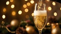 Champagne pouring into flute glass with golden bokeh lights and festive decorations in background, celebration and holiday party beverage.