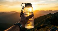Hand holding glowing water bottle against mountain sunset backdrop creating magical outdoor adventure scene for hiking and travel concepts.