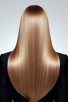 Back view of long straight honey blonde hair showing smooth, glossy texture and healthy shine against black clothing on gray background. Perfect for beauty and haircare advertising.