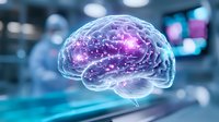 Glowing translucent brain with purple and pink neural connections on blurred medical background shows advanced neuroscience and artificial intelligence concepts.