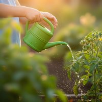 Child hands watering young tomato plants with green watering can in sunny garden. Organic gardening, plant care, sustainable agriculture concept.