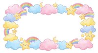 Cute pastel cloud frame with smiling stars, rainbows and moon on white background. Kawaii style border for baby shower, nursery decor and children designs.